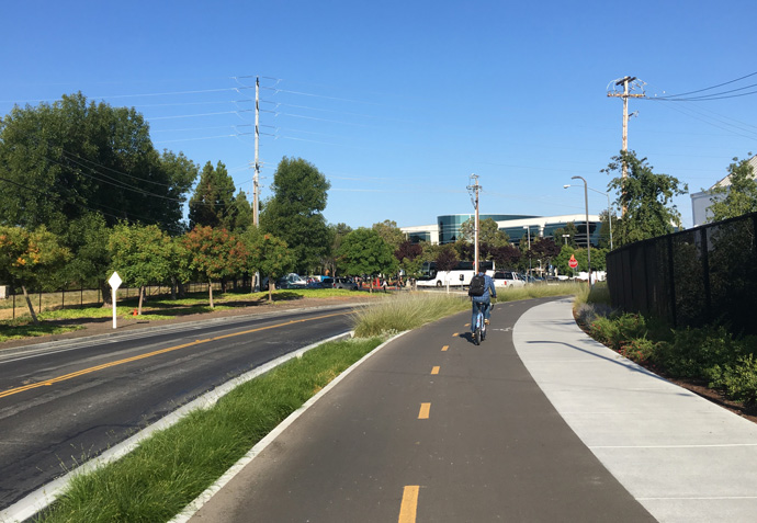 man biking on a separated two way protected bike lane